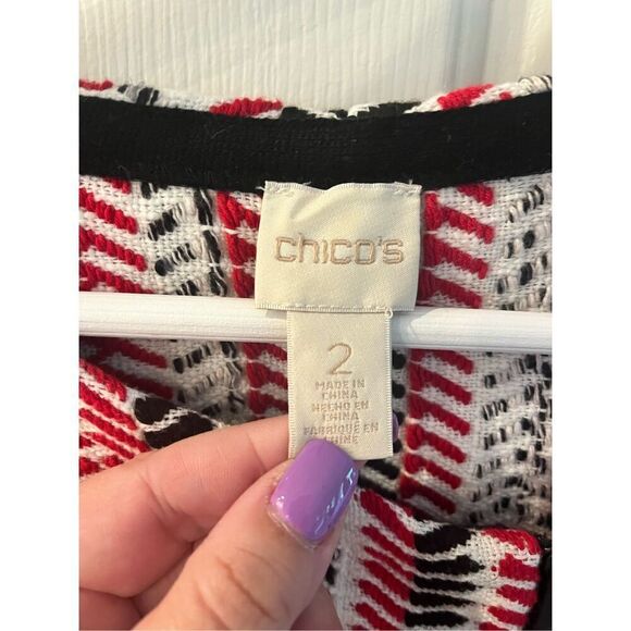 Chicos Red Black White Chevron Side Zip Sweater Jacket sz 2 or L EUC - Picture 3 of 9